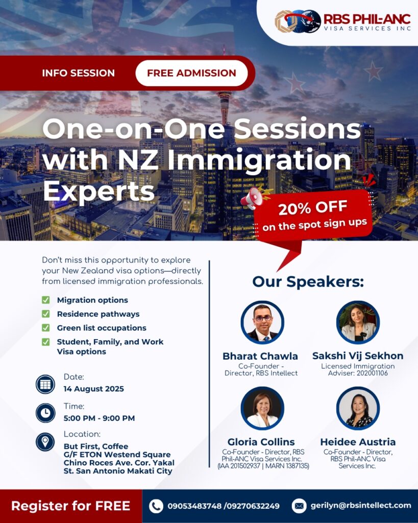Meet New Zealand immigration experts in Manila. Get one-on-one guidance on study-to-residency pathways, PR options, student visas, and post-study work rights.